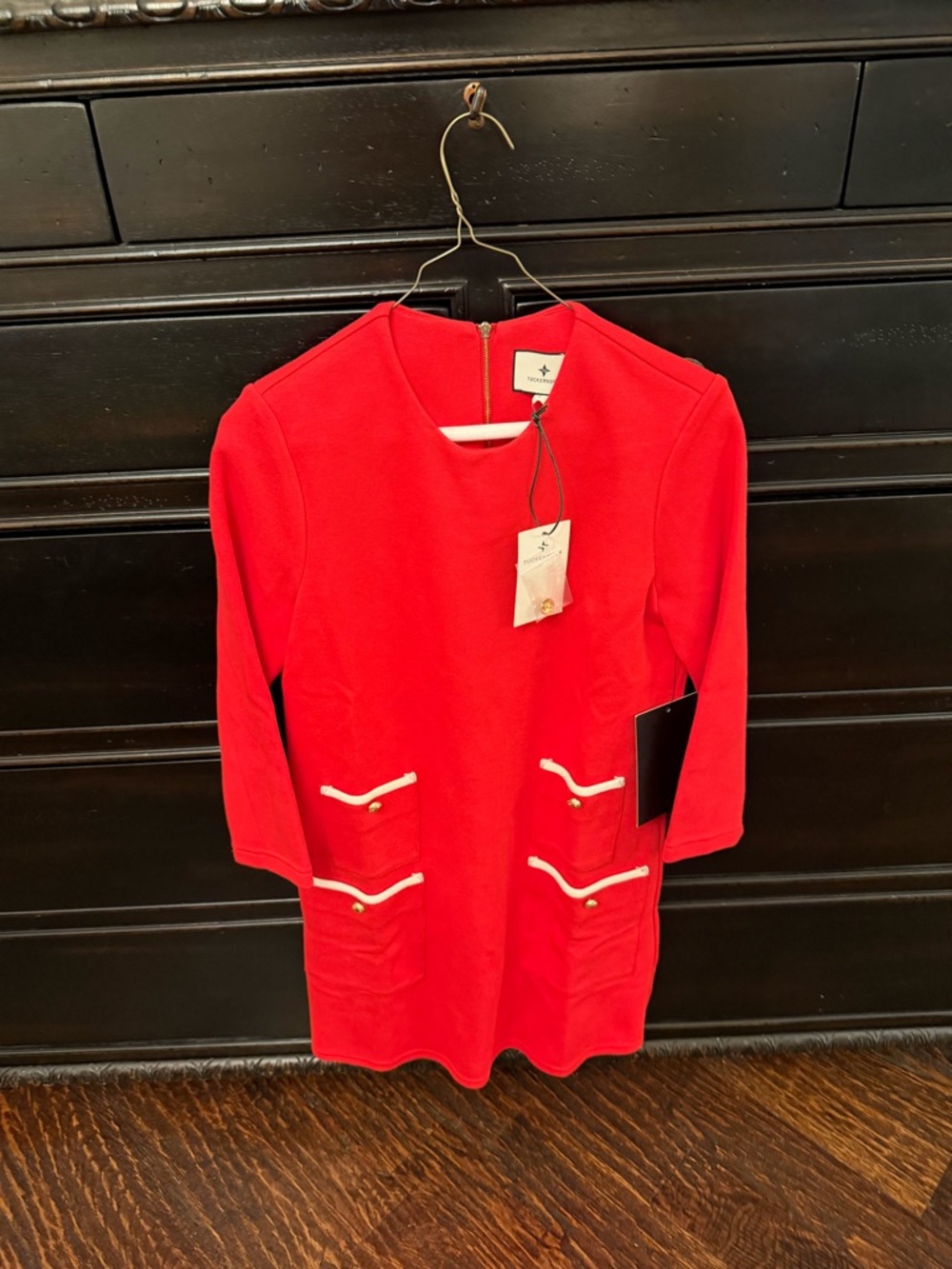 Tuckernuck Bright Red Long Sleeve Shift Dress with Pocket Detail